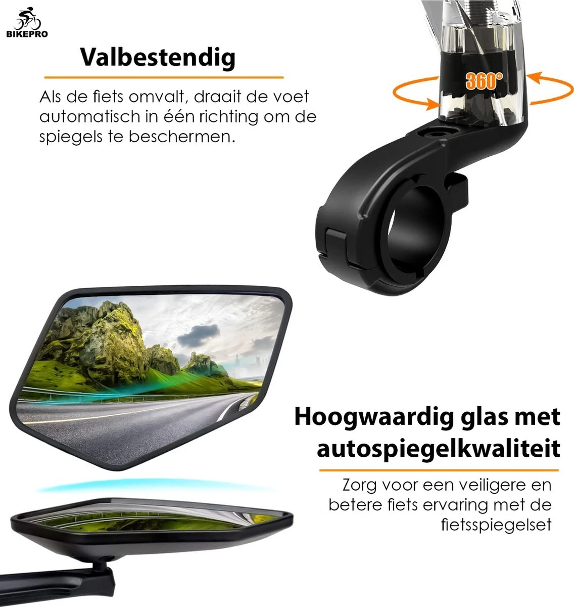 BikePro Verstelbare Fietsspiegel Set Incl. Reflectoren - Links & Rechts - Achteruitkijkspiegel Fiets - Geschikt Voor E Bike, Fiets, Motor, Step - Afbeelding 3