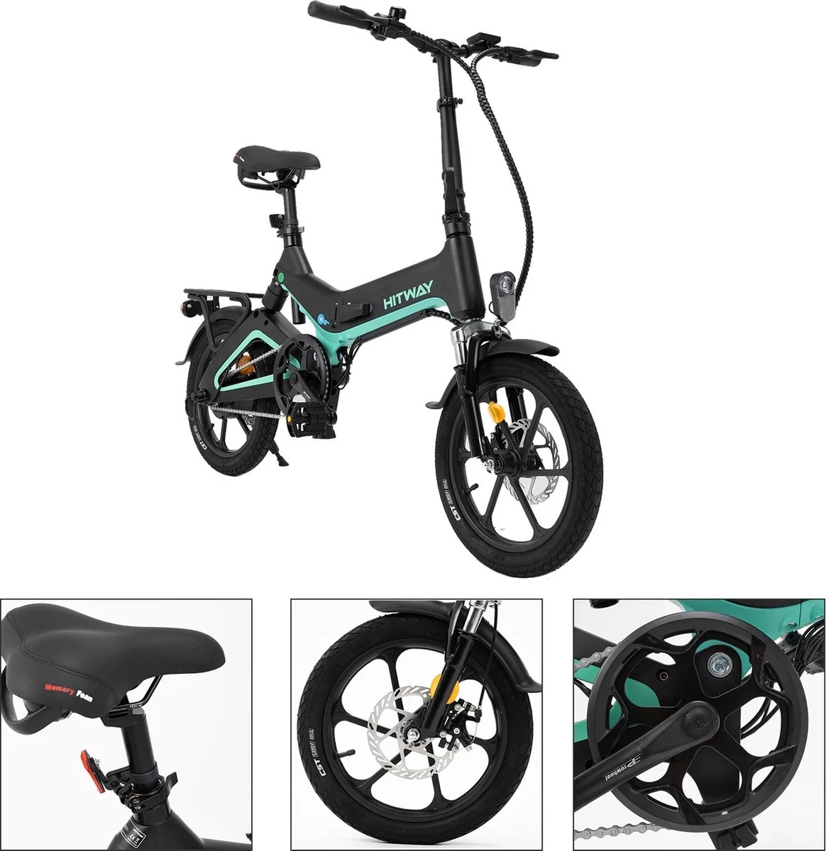 Merkloos Hitway 14F005 Elektrische Fiets E-bike | Opvouwbaar | 250W Motor | 7.5Ah | 16" | Zwart / Groen - Afbeelding 3