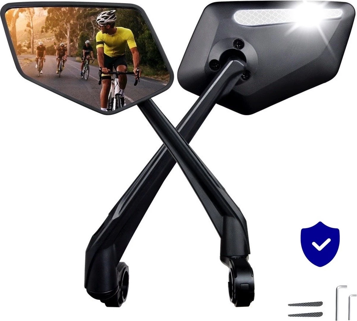 Beyond Gold - Fietsspiegel - Links - Reflectie Strip - E Step - Elektrische Fiets - Mountain Bike - Incl Grote Kijkhoek - Achteruitkijkspiegel - 360º Verstelbaar - Multifunctioneel - Incl Inbussleutel - Fiets Spiegel