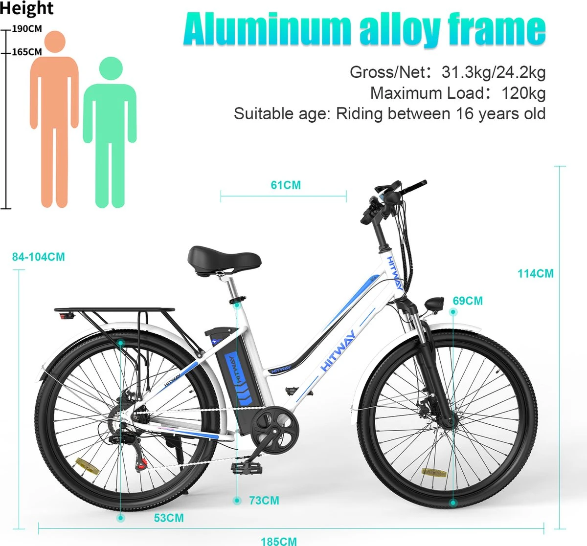 HITWAY Elektrische Fiets Voor Volwassenen | Ebikes Fietsen Stadsfiets | 250W 36V Motor | 7 VERSNELLINGSSYSTEE | 26 Inch - Wit - Afbeelding 3