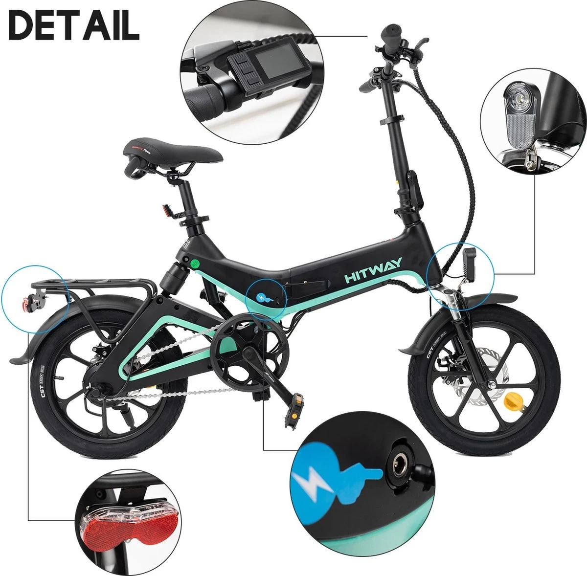 Merkloos Hitway 14F005 Elektrische Fiets E-bike | Opvouwbaar | 250W Motor | 7.5Ah | 16" | Zwart / Groen - Afbeelding 4