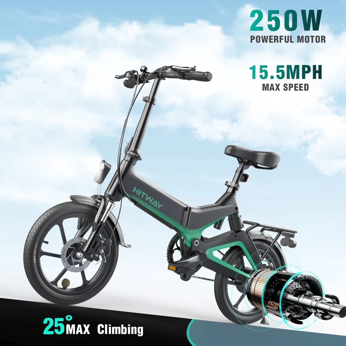 Merkloos Hitway 14F005 Elektrische Fiets E-bike | Opvouwbaar | 250W Motor | 7.5Ah | 16" | Zwart / Groen - Afbeelding 9