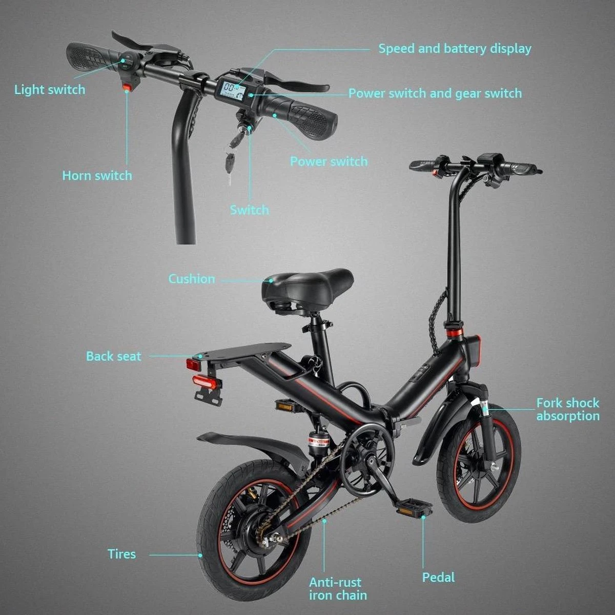 OUXI - V5 - 16 Inch - Elektrische Fiets - E Bike - Elektrische Vouwfiets - APP IOS/ Android - 500W Motor - 15Ah Lithuim Ion Batterij - Zwart - Afbeelding 9