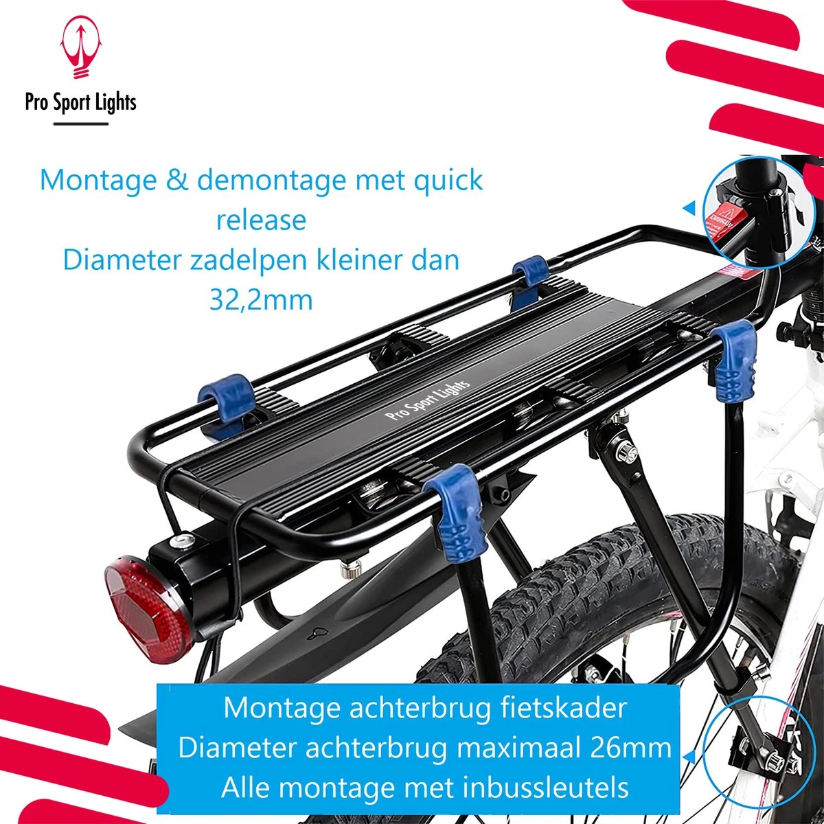 Mountainbike Bagagedrager En Spatbord - Fiets Rek Achter Met QR - Pro Sport Lights - MTB/ Racefiets Fietszadeldrager - Afbeelding 7