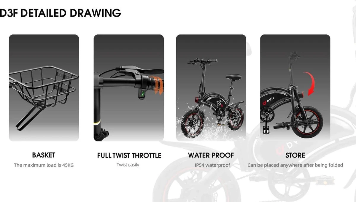 DYU D3F Opvouwbare Elektrische Fiets, Slimme Mountainbike Voor Volwassenen, 240W Aluminiumlegering Fiets Verwijderbare 36V/10Ah Lithium-ion Batterij Met 3 Rijmodi - Afbeelding 2