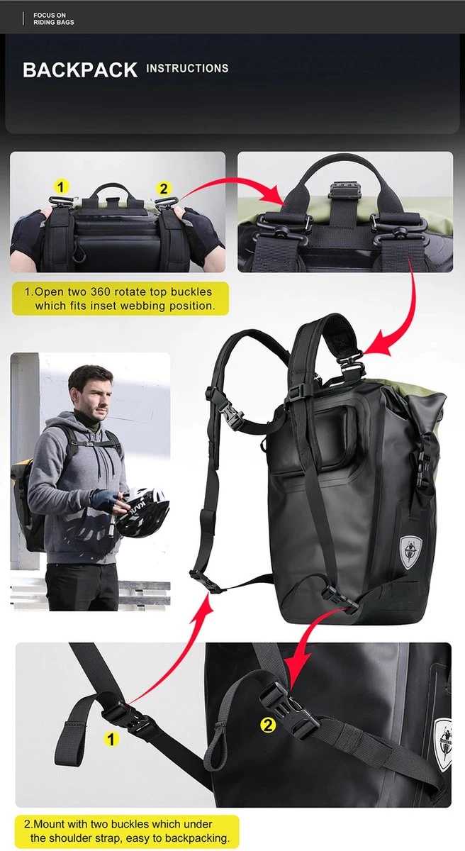 Fietstas - Rugzak - Rolltop - Schoudertas - Schooltas - Geel - Volledig Waterdicht 27L - Afbeelding 17