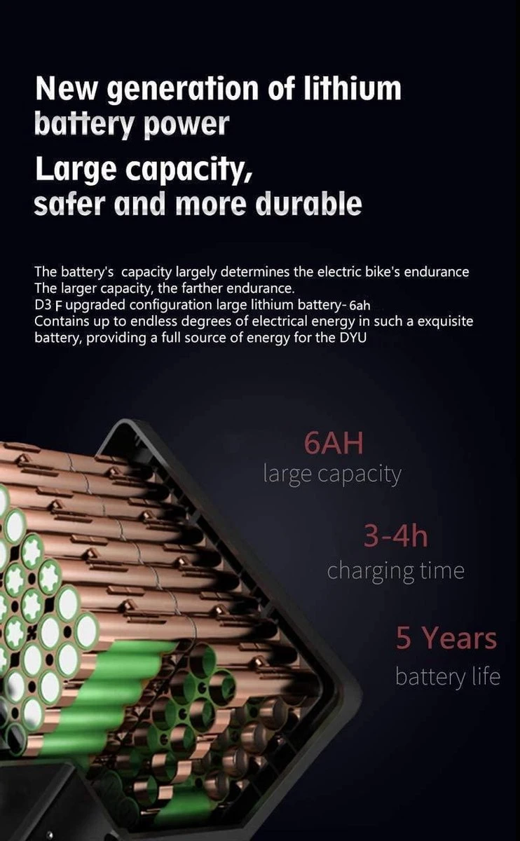 DYU D3F Opvouwbare Elektrische Fiets, Slimme Mountainbike Voor Volwassenen, 240W Aluminiumlegering Fiets Verwijderbare 36V/10Ah Lithium-ion Batterij Met 3 Rijmodi - Afbeelding 7