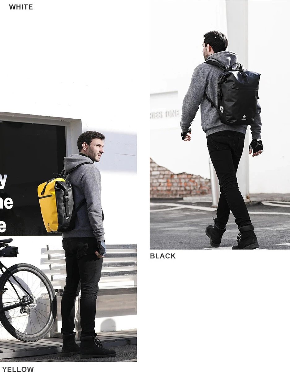 Fietstas - Rugzak - Rolltop - Schoudertas - Schooltas - Geel - Volledig Waterdicht 27L - Afbeelding 11