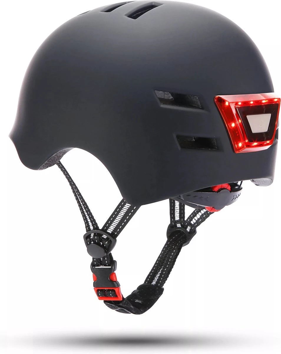 Fietshelm- Met Voor- En Achterlicht-Skatehelm -Maat-M-54 Tot 57 Cm-Helm Mat-Zwart - LED Verlichting - Afbeelding 3