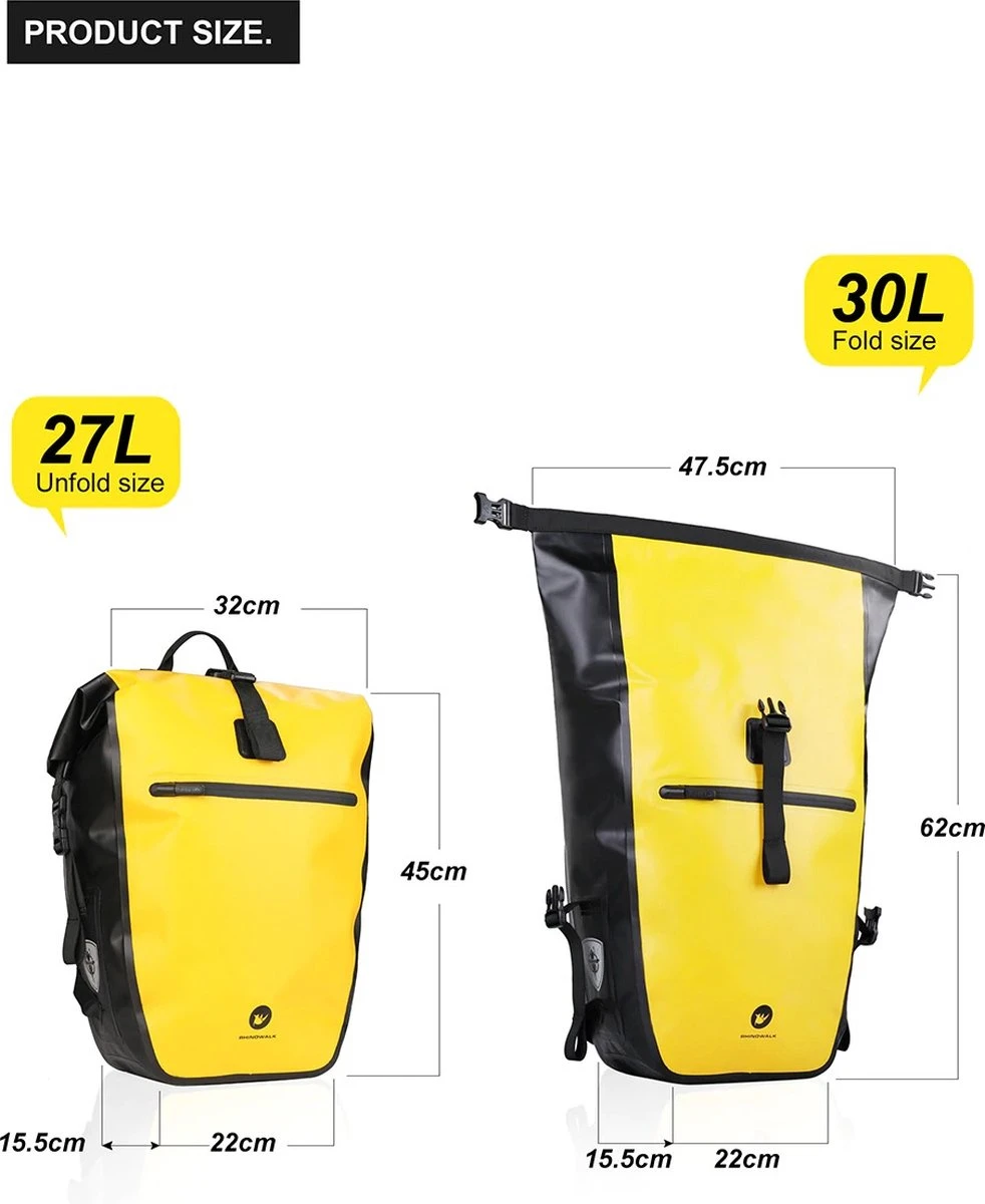 Fietstas - Rugzak - Rolltop - Schoudertas - Schooltas - Geel - Volledig Waterdicht 27L - Afbeelding 3